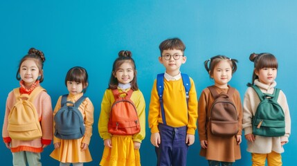 Wall Mural - group of children with backpack and different clothes on colorful background