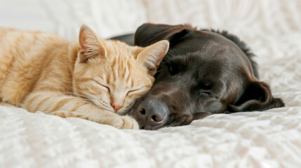 Wall Mural - Labrador sleeping with a cat 