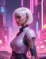 Wall Mural - Masterpiece Cyberpunk Style Wallpaper with Short White Hair