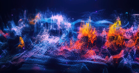 Poster - Abstract moving futuristic landscape of particles and dots of energy magic with glow and blur effect, abstract background