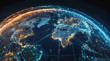 Poster - A digitally rendered globe with bright, interconnected points and lines symbolizing global communication and data networks