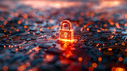 Poster -  A glowing padlock on a digital circuit board, symbolizing cybersecurity and data protection