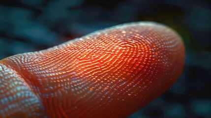 Poster - A close-up of a fingerprint on a fingertip, illuminated with a glowing effect