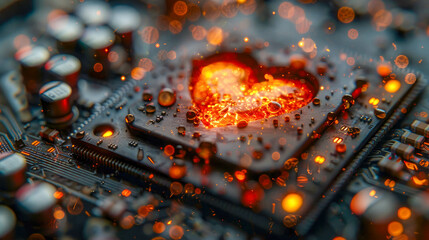 Poster - Heart on Circuit: A glowing heart shape integrated into a computer circuit board, symbolizing technology and love