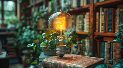 Poster - A glowing light bulb placed on top of a stack of old books in a library setting