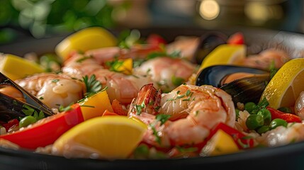 Close-up of a delicious seafood paella with shrimp, mussels, peas, and red peppers, garnished with lemon wedges and fresh herbs.