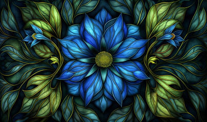 Wall Mural - Colorful floral mandala in blue and green on dark background, Abstract digital art for meditation and zen environment watercolor illustration	