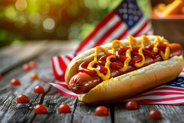 Wall Mural - A hot dog with ketchup, mustard with an american stars and stripes flag. 4th July celebration food