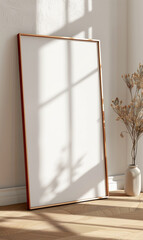 Wall Mural - Minimalist wooden frame mockup with shadows and pampas grass in