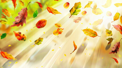 Wall Mural - Watercolor fall banner featuring colorful autumn leaves floating against a bright background, creating a dynamic and lively seasonal design.