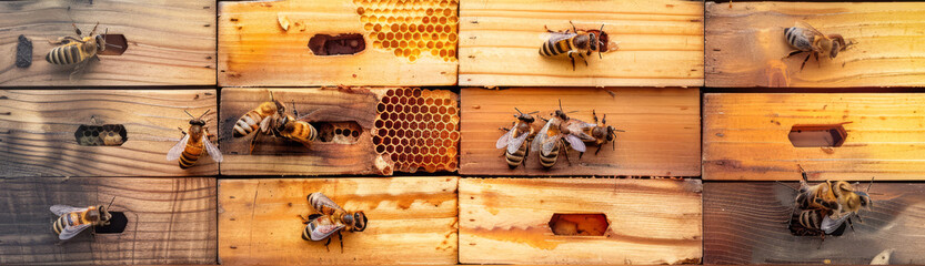 Wall Mural - close-up view of honey bees on wooden hive frames with honeycomb