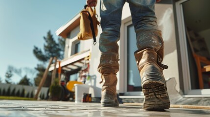 Close-up of Professional repairman walking to modern house under construction or renovated.