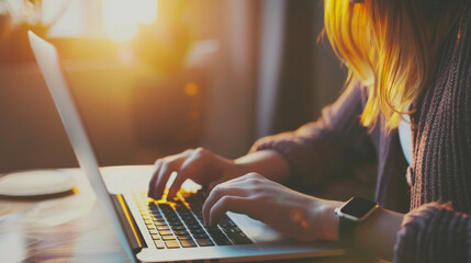 Sticker - A person working on a laptop with warm sunlight streaming through the window, creating a cozy and productive workspace.