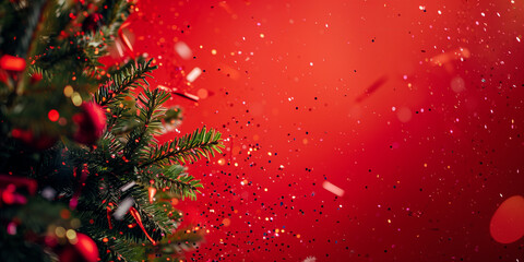 Wall Mural - Decorated Christmas tree twigs branches close up detail with decorations with confetti flying around against vibrant red background with copy space, holiday celebration concept.