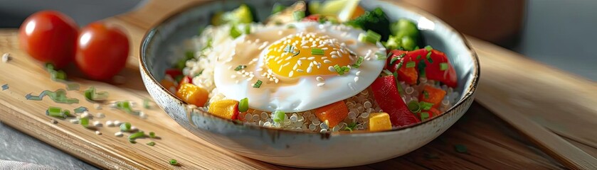 Wall Mural - A beautiful bowl of healthy vegetable salad topped with a sunny-side-up egg, garnished with herbs, on a rustic wooden board.