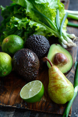 Wall Mural - Green tropical exotic vegetables and fruits including avocado, lime, green onion and lettuce on wooden plate, healthy organic raw nutrition and fitness concept.