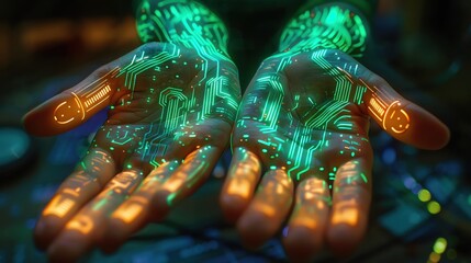 Poster - Futuristic hands with glowing circuits, representing advanced technology and cyber interaction. Ideal for tech, AI, and digital interface concepts.