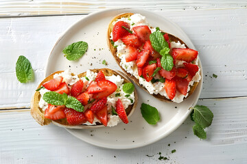 Wall Mural - Bruschettas with ricotta cheese, chopped strawberries and mint on white wooden table, top view