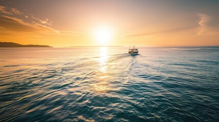 Poster - A tranquil boat ride into the vibrant sunset over the serene ocean waters, showcasing the beauty of nature and the peacefulness of the sea.