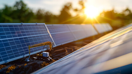 Construction project on the background of solar batteries, image of green energy