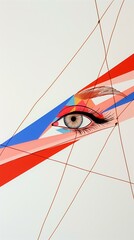 Wall Mural - Surreal eye illustration with colorful geometric shapes and intersecting lines on a white background.