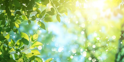 A lush green bokeh backdrop adorned with fresh leaves and sun flares, creating an idyllic setting that evokes the ambiance of summer or spring