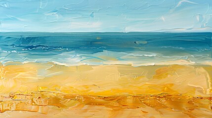  Vibrant abstract painting depicting a yellow sandy beach with blue sea and sky. Perfect for modern decor.