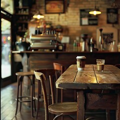 Coffee shop background. Cup of coffee latte on wood bar. Takeaway coffee. High quality AI generated image