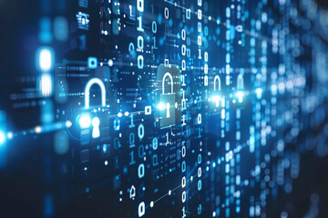 Blue abstract digital background with padlock icons in the foreground, digital cybersecurity concept