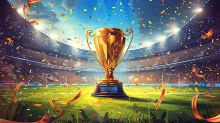 Flat illustration of a golden trophy on a bokeh background of olympic stadium