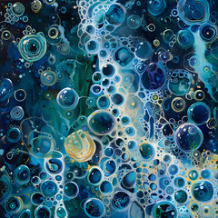 Poster - Intricate abstract art featuring blue and green bubbles in various sizes, creating a dynamic and captivating visual effect.