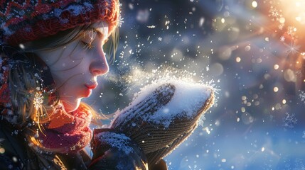 Wall Mural - Winter Serenity: Woman Enjoying Frosty Breath in Scenic Snowfall