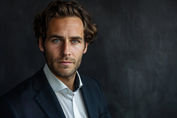 A studio portrait of a confident businessman in formal attire.