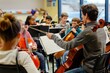 © Nico - A music class scene, with students playing different instruments and the teacher conducting.