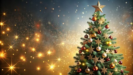 Wall Mural - Christmas tree decorated with sparkling stars, holiday, festive, decoration, ornaments, celebration, winter, lights