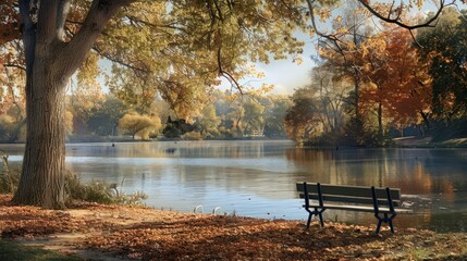 Sticker - A gentle breeze blows through a quiet lakeside park, rustling the leaves and carrying the sound of distant birdsong.