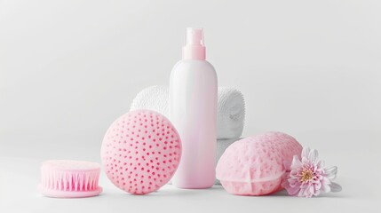 Wall Mural - New shower puffs and bottle of cosmetic product on white background. Personal care products isolated on white. Photo realistic photo.