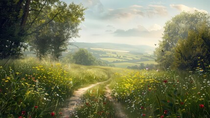 Canvas Print - A gentle breeze stirs the air in a quiet countryside lane, causing the wildflowers to sway and filling the air with their sweet scent.