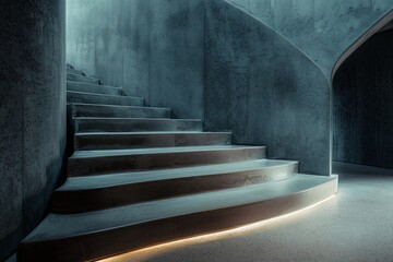 Poster - A modern architectural photograph of a concrete staircase, featuring smooth lines and soft ambient lighting that highlights the minimalist and sleek design of the structure.