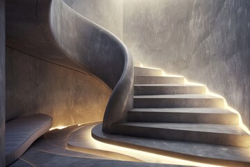 Poster - A modern, curved concrete staircase highlighted with elegant ambient lighting. The design provides a smooth and seamless flow with an emphasis on minimalism and aesthetics.
