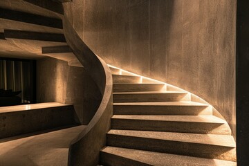 Poster - A beautifully lit staircase in warm tones highlights the modern elegance of concrete. The interior is marked by smooth contours and an inviting, artistic design.