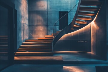 Poster - An elegant illuminated contemporary spiral staircase structure with wooden steps, blending modern architectural design with warm and inviting lighting for a sophisticated look.