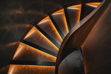Poster - This image showcases a spiral staircase with vibrant orange ambient under-lighting, adding warmth and a touch of futuristic design to a sleek modern interior space.
