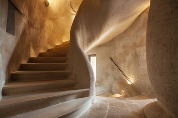 Poster - A beautifully crafted curved concrete staircase is shown in a modern minimalist space. The architecture highlights smooth, flowing lines and sculptural elements, suggesting organic inspiration.
