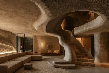 Poster - This image showcases an organically shaped modern staircase with textured concrete finish, blending artistic design and functional elements in a refined living space.