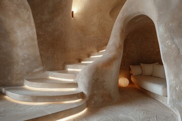 Poster - Elegant curved staircase with built-in seating nook in a minimalist design space. The concrete structure blends form and function, creating a unique architectural feature.