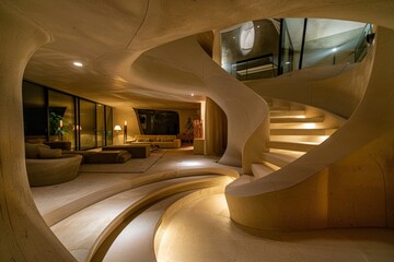 Poster - The intricately designed illuminated curved staircase stands out in a modern living room, offering a visually engaging centerpiece that merges form and function seamlessly.