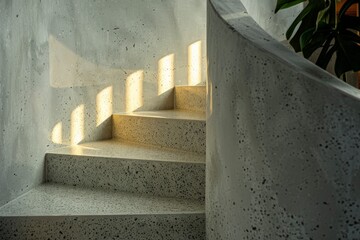 Poster - A curved concrete staircase captured with delicate sunlight shadows, highlighting the texture and creating an interplay of light and shadow within a modern environment.
