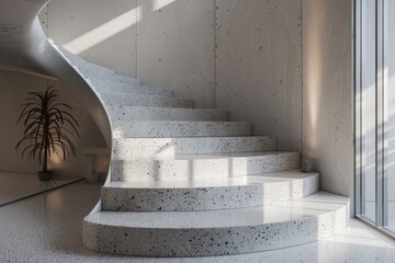 Poster - A brightly lit concrete staircase features a sleek and modern design, enhanced by an indoor plant placed beside it, creating a harmonious blend of nature and architecture.
