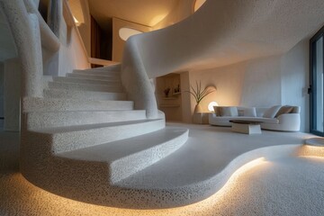 Poster - A spacious concrete staircase with sculptural design elements takes center stage in a modern interior, featuring fluid shapes and carefully crafted lighting to enhance its beauty.